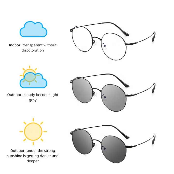Ready Stock New Hot Sale Metal Round Frame Photochromic Change Color Blue Light Blocking Glasses