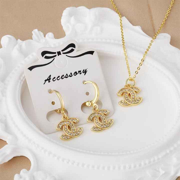 Cross Border Fashionable Stainless Steel Jewelry Set Gold Plated Copper Inlaid Zircon Necklace Earring Combo