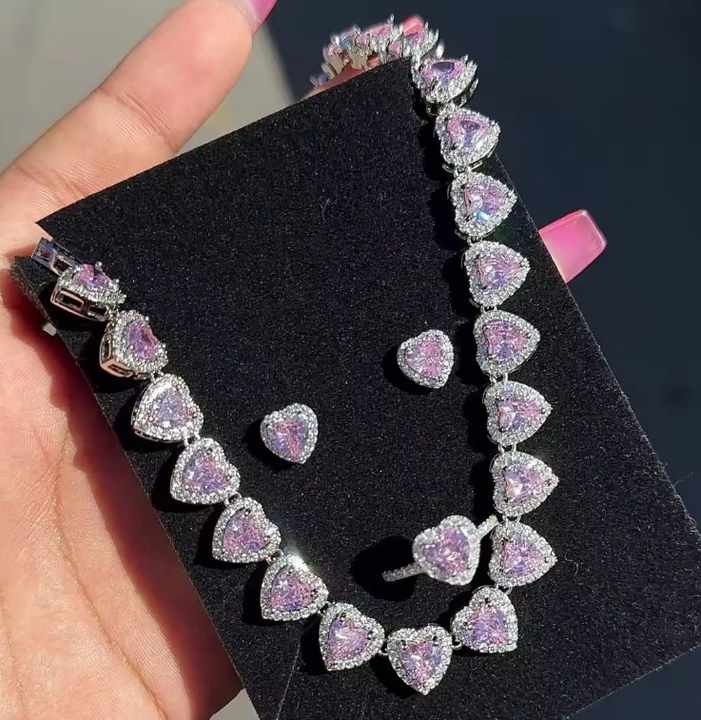 Foxi Jewelry Trendy Iced Jewelry Set Brass Gold Plated Pink Color CZ Ring Earring Necklace Tennis Heart Shaped Woman Jewelry Set