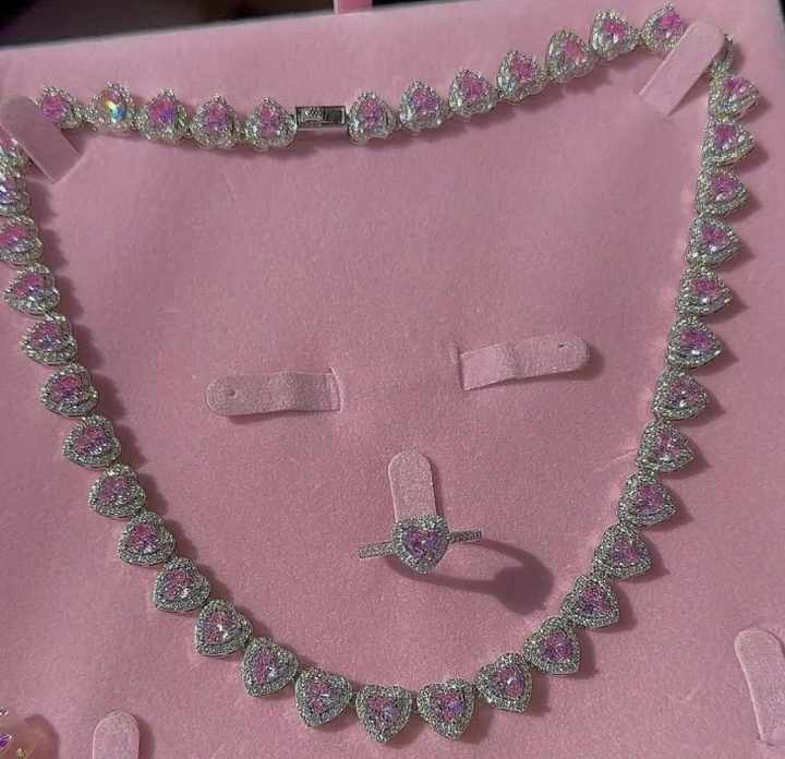 Foxi Jewelry Trendy Iced Jewelry Set Brass Gold Plated Pink Color CZ Ring Earring Necklace Tennis Heart Shaped Woman Jewelry Set