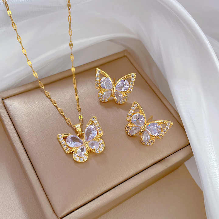Titanium Steel Micro-Inlaid Zircon Butterfly Necklace Earring Set Light Luxury Personalized Banquet Accessories Fashion Jewelry