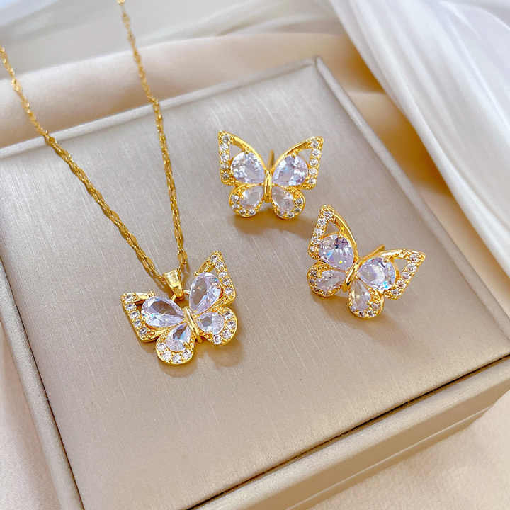 Titanium Steel Micro-Inlaid Zircon Butterfly Necklace Earring Set Light Luxury Personalized Banquet Accessories Fashion Jewelry