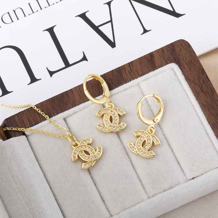 Cross Border Fashionable Stainless Steel Jewelry Set Gold Plated Copper Inlaid Zircon Necklace Earring Combo