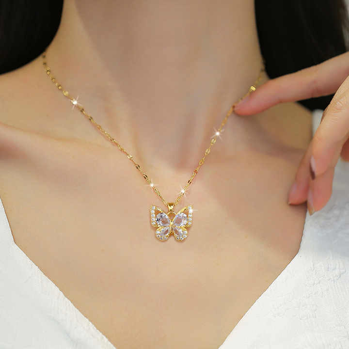 Titanium Steel Micro-Inlaid Zircon Butterfly Necklace Earring Set Light Luxury Personalized Banquet Accessories Fashion Jewelry
