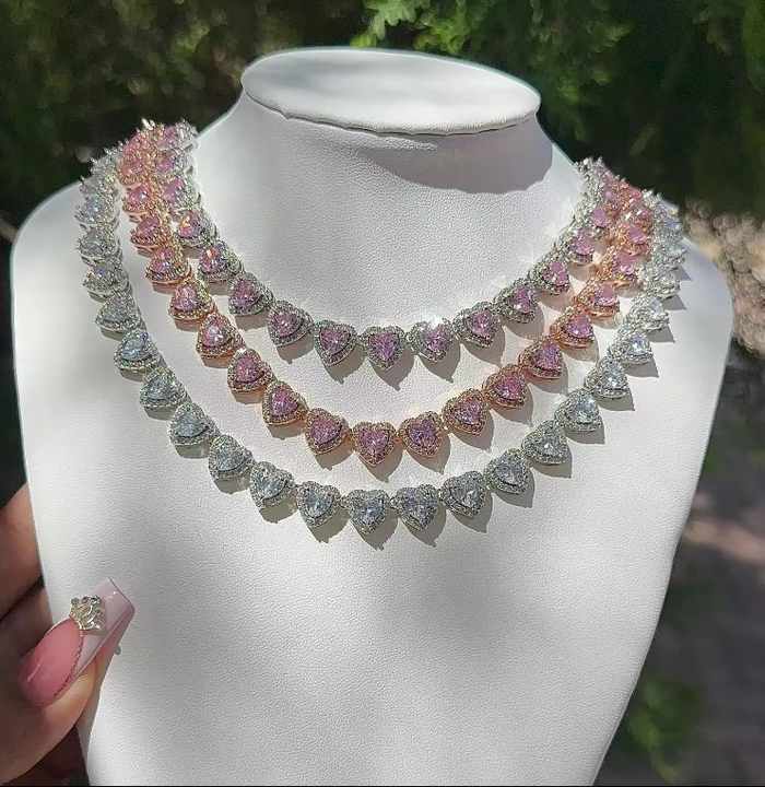 Foxi Jewelry Trendy Iced Jewelry Set Brass Gold Plated Pink Color CZ Ring Earring Necklace Tennis Heart Shaped Woman Jewelry Set