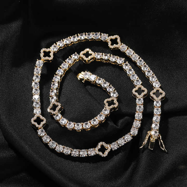 Women's Gold Plated Bling Tennis Bracelet Necklace Chain CZ Diamond Clover Jewelry Set Hip Hop Iced Out Black Clover Necklace